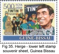 Herge in lower left of souvenir sheet, Guinea Bissau, 2008